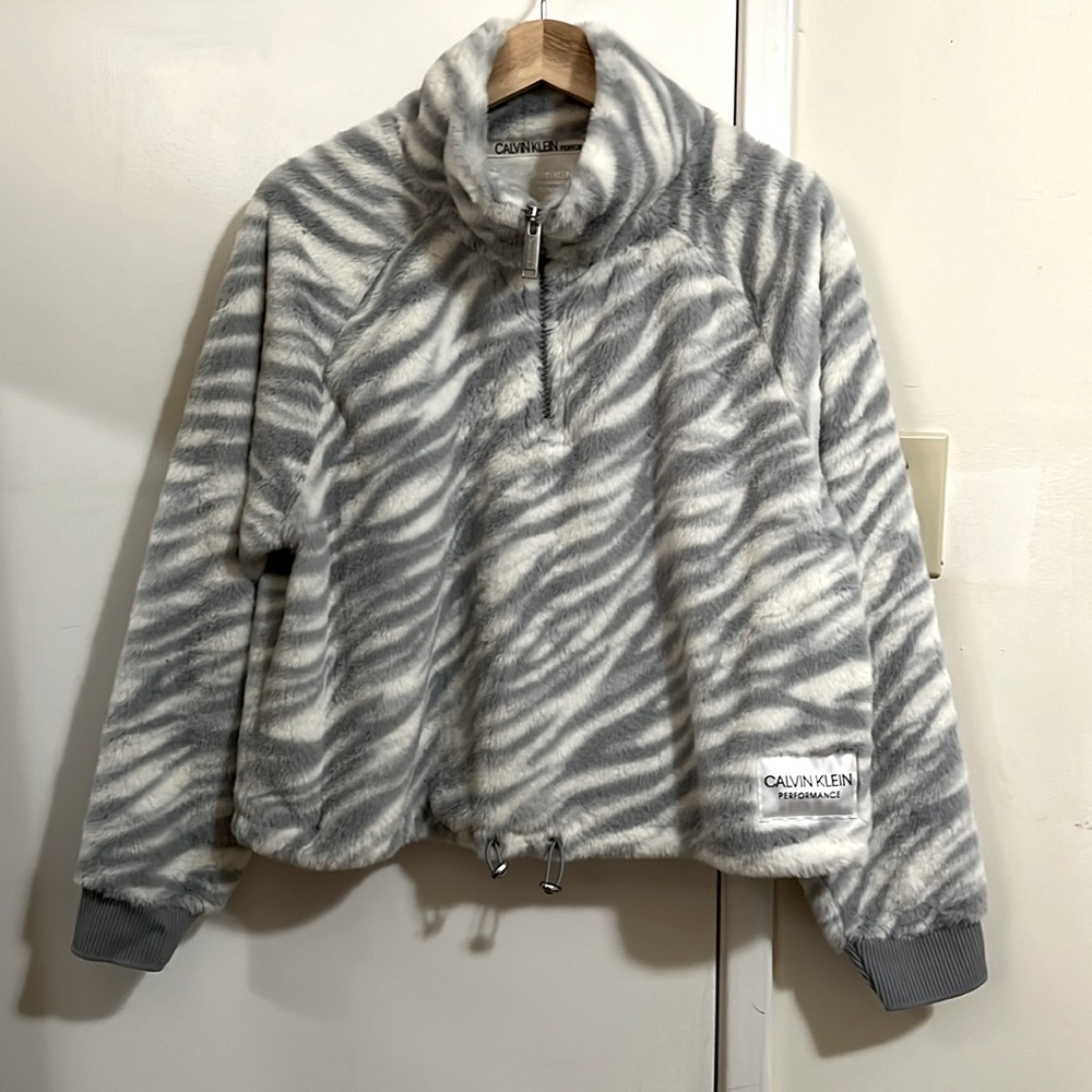 Calvin Klein Performance Fluffy Faux Fur Half Zip Animal Print Pullover Jacket